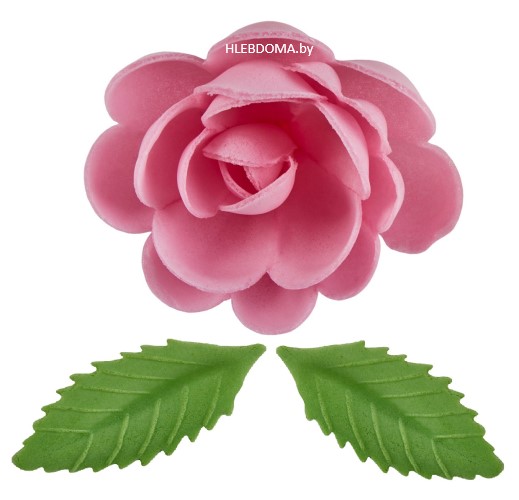 Вафельные украшения "Роза большая розовая с листочками"